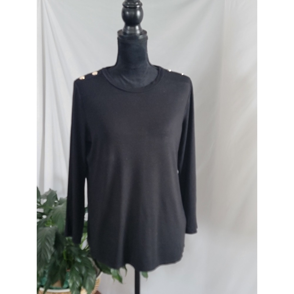 Tahari Womens Black Long Sleeve Crew Neck Top with Gold Shoulder Buttons Size M